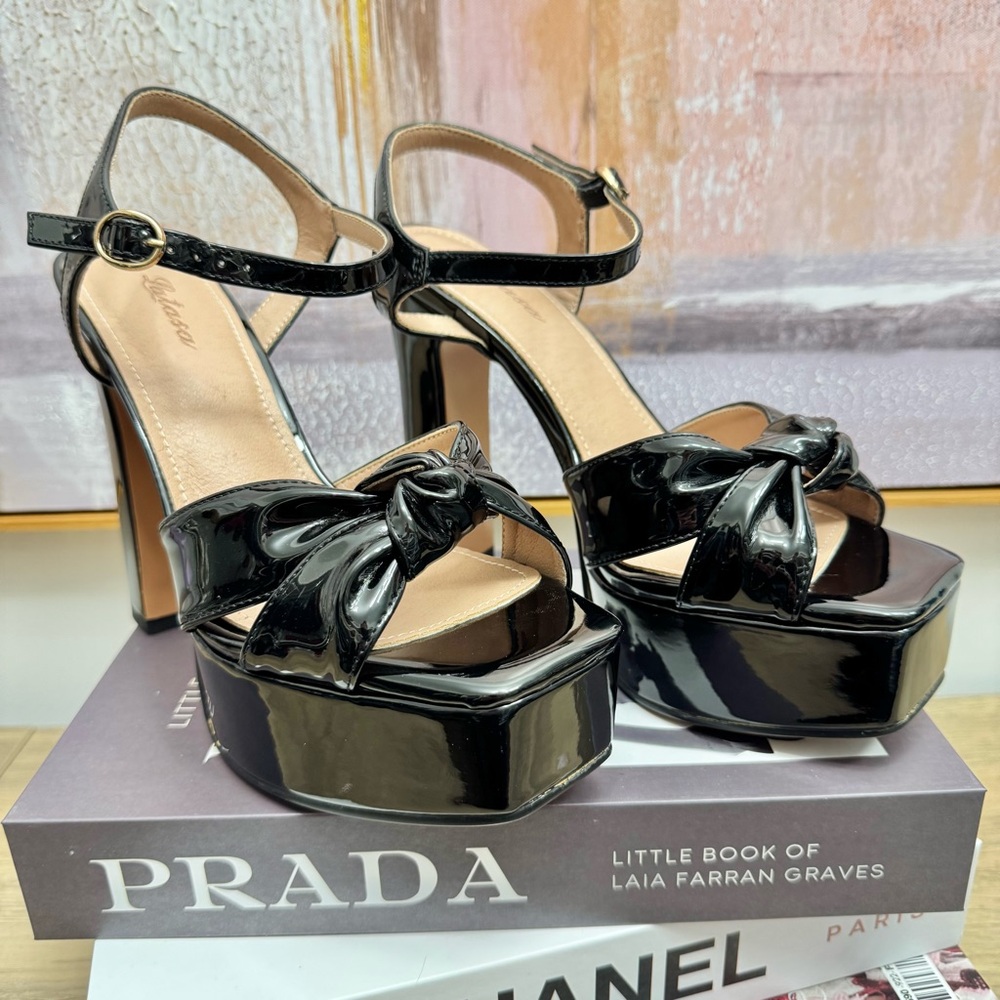 ❤️ NEW 7.5 Black Patent Platform Sandals Heels Chunky Bow Summer Wedding Strappy - Picture 3 of 9